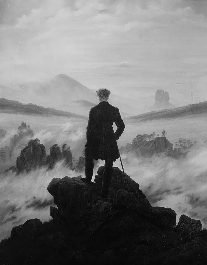 نسخه‌ی خاکستری تابلوی مسافر بر فراز دریای مه