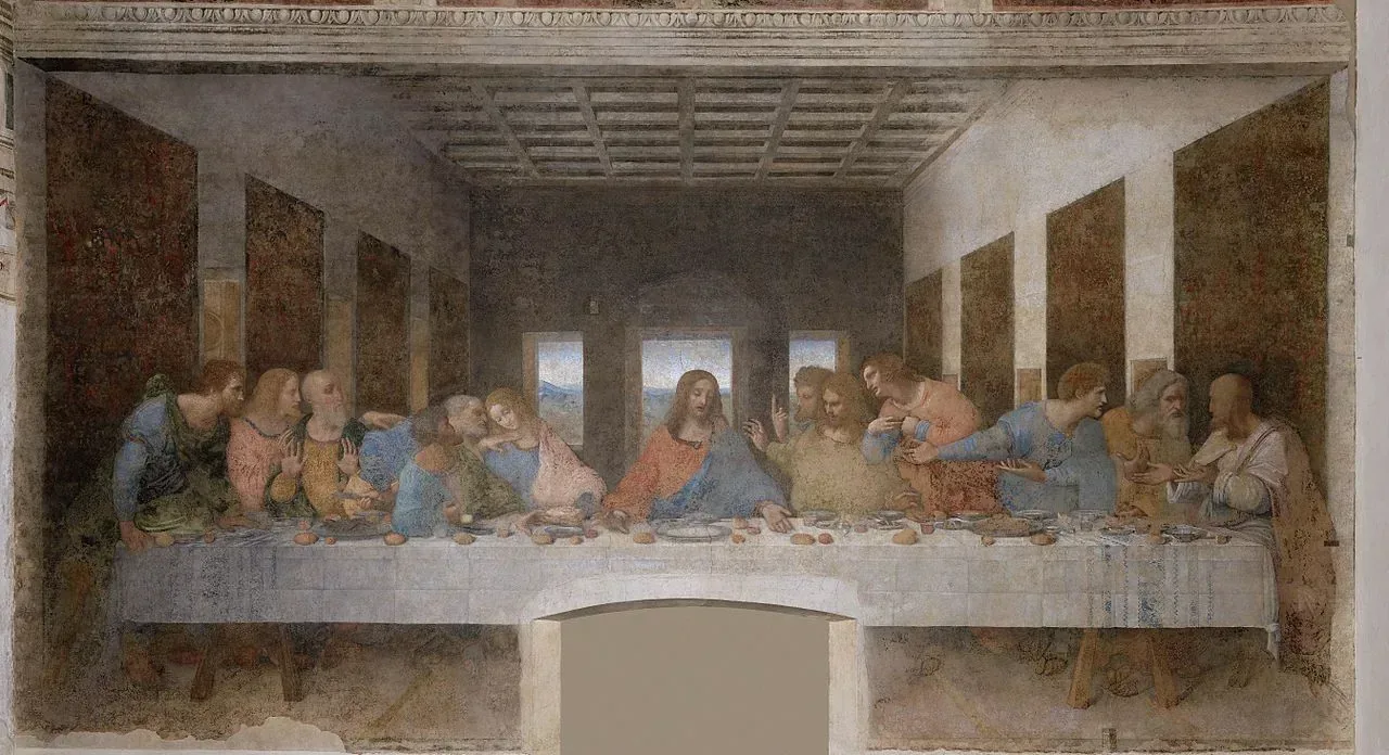 The Last Supper اثر Leonardo da Vinci، نمای کامل دیوارنگاره در سالن غذاخوری صومعه