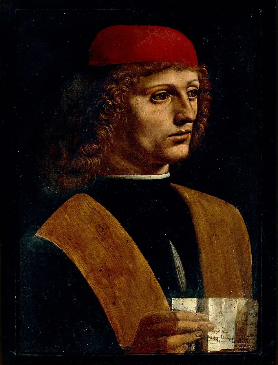 Portrait of a Musician اثر Leonardo da Vinci، مرد جوان با لباس قرمز و کاغذ موسیقی