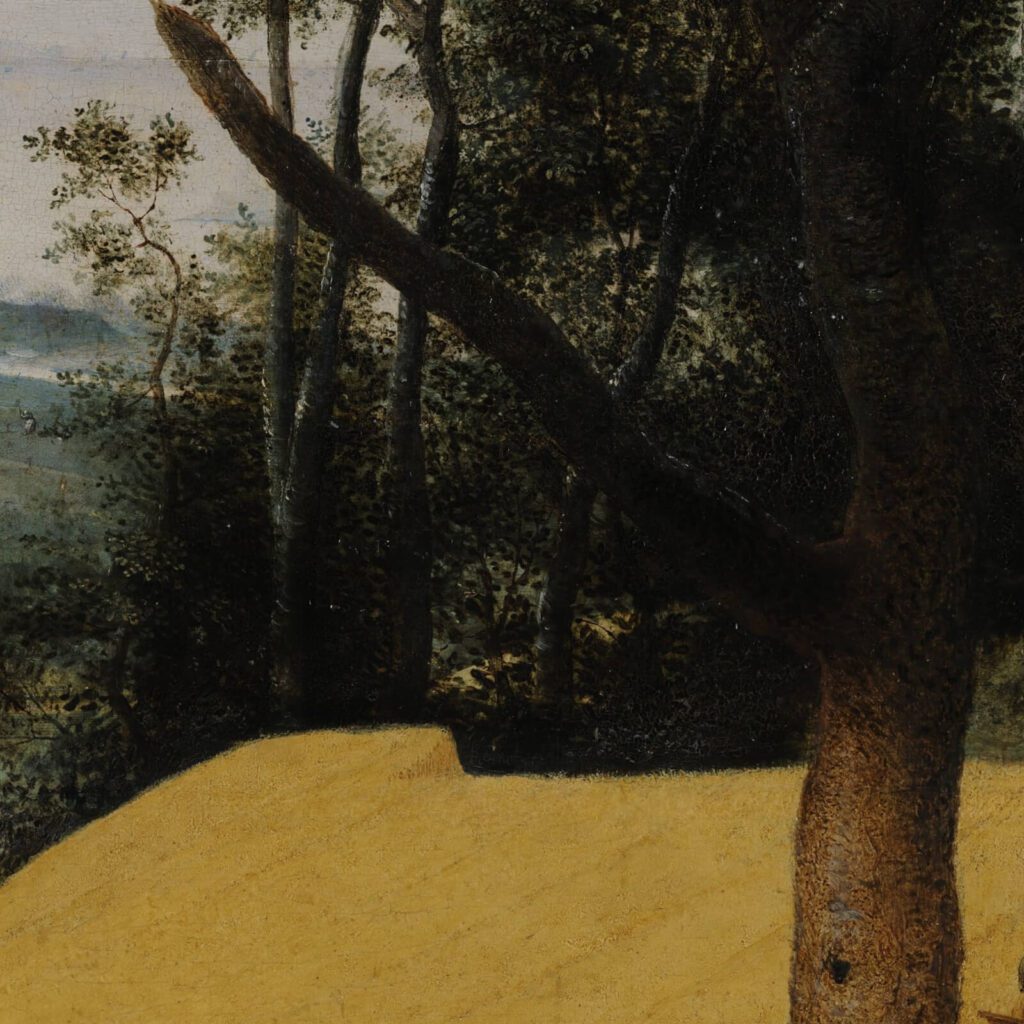 The Harvesters: Pieter Bruegel the Elder, Harvesters, 1565, Metropolitan Museum of Art, New York City, NY, USA. Detail. Pieter Bruegel the Elder, Harvesters, 1565, Metropolitan Museum of Art, New York City, NY, USA. Detail. Recommended Jean-François Millet, The Gleaners, 1857, Musée d'Orsay, Paris, France Art Movements Jean-François Millet: The Peasant Painter Pieter Bruegel the Elder, The Peasant Wedding, 1567 European Art Masterpiece Story: The Peasant Wedding by Pieter Bruegel the Elder European Art Most Famous Winter in Art History: Hunters in the Snow by Pieter Bruegel The Harvesters is a masterpiece of the Northern Renaissance. It is a visual contemplation Pieter Bruegel the Elder presented on human’s place in the world. Historical Background Pieter Bruegel the Elder (ca. 1525-1569) is one of the most famous artists of the Northern Renaissance. His paintings explore the intertwined destiny of peasants and landscapes. Bruegel was so fascinated by the seasonal lives of peasants that he received the nickname “Peasant Bruegel” from teasing fellow artists. Bruegel was a humanist. He desired to explore the human condition through his visual images. He created philosophical landscapes where peasants either accept or fight their fate. They toil under the constraints and weariness of life, or they seek refuge and escapism through drunkenness and idleness. Bruegel’s painting, The Harvesters, is a masterpiece that explores this mortal drama through the highest levels of artistic sophistication. The Harvesters: Pieter Bruegel the Elder, The Harvesters, 1565, Metropolitan Museum of Art, New York City, NY, USA. Detail. Pieter Bruegel the Elder, The Harvesters, 1565, Metropolitan Museum of Art, New York City, NY, USA. Detail. General Composition The Harvesters was painted in 1565, only four years before Bruegel’s death. It is an oil on wood measuring 119 x 162 cm (46 7/8 x 63 3/4 in). It depicts a harvest scene typically found in the late Summer of August or early Autumn of September. The painting was one of a six-part series representing the passage of seasons. One has been lost to time, while five are in museum collections globally. The Harvesters, in particular, is set at a specific time of the year. This is when peasants gathered together under the drowsy heat and reap the fields and fruit trees that have been tended all year round. The Harvesters: Pieter Bruegel the Elder, The Harvesters, 1565, Metropolitan Museum of Art, New York City, NY, USA. Pieter Bruegel the Elder, The Harvesters, 1565, Metropolitan Museum of Art, New York City, NY, USA. In the right foreground, peasants are eating and resting, perhaps taking their midday luncheon. In the left foreground are other peasants reaping the fields with large scythes. In the right midground are people bending and kneeling to collect grains and apples from the floor. Beyond the yellow field is a green pasture area. There, an ox is pulling a large bundle of stalks in the left, some people are swimming naked in the center, and others are playing some sort of village ball game in the right. Beyond the middle ground of green, is a background of another yellow field that is cut across by a pathway filled with horses and caravans. Then, deeper still into the scene is a final, far background of a harbor on the right with full-rigged ships dotting the water. Pieter Bruegel the Elder easily captures five different planes in the painting, creating a panoramic view with a linear perspective. A great sense of depth and space is captured and presented before the viewer. The Harvesters: Pieter Bruegel the Elder, The Harvesters, 1565, Metropolitan Museum of Art, New York City, NY, USA. Detail. Pieter Bruegel the Elder, The Harvesters, 1565, Metropolitan Museum of Art, New York City, NY, USA. Detail. Luncheon Everybody has to eat to live. It is one of the many commonalities that unite humanity. Also, generally speaking, the quality of the food, the quantity of it, and the designated time to eat it all impact how a person is socially viewed and judged. The rich and privileged eat very differently from the poor and disadvantaged. Pieter Bruegel the Elder presents the viewer with a typical 16th-century Netherlandish peasant luncheon. Eight peasants are sitting on the ground to the right of the great tree in the foreground. Three are holding bowls filled with some whitish dish. The spoons in their hands suggest the meal is some sort of stew or pottage. Rice and potatoes were common dietary ingredients by the 1560s, and these two ingredients would definitely give any stew a whitish color. The Harvesters: Pieter Bruegel the Elder, The Harvesters, 1565, Metropolitan Museum of Art, New York City, NY, USA. Detail. Pieter Bruegel the Elder, The Harvesters, 1565, Metropolitan Museum of Art, New York City, NY, USA. Detail. Four peasants are eating bread. Two are cutting slices from large loaves while the other two are nibbling on slices. The third peasant is drinking beer or cider from a large terracotta carafe. All of their faces look content and fulfilled by their meal. It is a moment of nourishment and a break from their work day. The Harvesters: Pieter Bruegel the Elder, The Harvesters, 1565, Metropolitan Museum of Art, New York City, NY, USA. Detail. Pieter Bruegel the Elder, The Harvesters, 1565, Metropolitan Museum of Art, New York City, NY, USA. Detail. Naptime To the left of where the luncheon is taking place, a man falls asleep. His mouth agape, the man sprawls his legs on the ground, with his right arm bent behind his head as a pillow. His black hat is slipping from his head but has now faded over time into a translucent gray mass revealing the right sleeve underneath. Clearly, Bruegel painted the hat as a final last-minute detail. Guessing from the presence of beer or cider at the luncheon, perhaps this man is drunk and has fallen asleep. He is most likely not returning to work until the following day. The Harvesters: Pieter Bruegel the Elder, The Harvesters, 1565, Metropolitan Museum of Art, New York City, NY, USA. Detail. Pieter Bruegel the Elder, The Harvesters, 1565, Metropolitan Museum of Art, New York City, NY, USA. Detail. Field Workers Two people with large scythes are cutting and reaping the field in the left foreground. Their swaying movements are implied by the uneven line of their shoulders and the twist of their backs. They are men toiling in the field and fulfilling their work duties. The Harvesters: Pieter Bruegel the Elder, The Harvesters, 1565, Metropolitan Museum of Art, New York City, NY, USA. Detail. Pieter Bruegel the Elder, The Harvesters, 1565, Metropolitan Museum of Art, New York City, NY, USA. Detail. Beside them is a colleague carrying two large terracotta jars. Does he carry beer or cider to his coworkers? The Harvesters: Pieter Bruegel the Elder, Harvesters, 1565, Metropolitan Museum of Art, New York City, NY, USA. Detail. Pieter Bruegel the Elder, Harvesters, 1565, Metropolitan Museum of Art, New York City, NY, USA. Detail. Behind the three men are three women walking through the cut pathway. Two of them carry bundles of grain on their backs and shoulders. However, why isn’t the third woman carrying something? Perhaps she is, but it is not in the viewer’s line of sight. The Harvesters: Pieter Bruegel the Elder, The Harvesters, 1565, Metropolitan Museum of Art, New York City, NY, USA. Detail. Pieter Bruegel the Elder, The Harvesters, 1565, Metropolitan Museum of Art, New York City, NY, USA. Detail. Regardless, overall, there is a sense of community. The three men and three women are presented as idealized peasants. They are all hardworking, dutiful, and accepting of their position in life. Collectors In the right midground are people collecting foodstuff from the ground. A woman in a grey-green dress, a white cap, and a white apron is bending forward to collect a stack of grains in her arms. Her triangular body echoes the triangular bundles of grain standing on the empty ground beside her. She has become assimilated with agricultural life. Behind her is a man in red who is binding stalks together into bundles by tying rope. He will soon create another triangular pile. The Harvesters: Pieter Bruegel the Elder, The Harvesters, 1565, Metropolitan Museum of Art, New York City, NY, USA. Detail. Pieter Bruegel the Elder, The Harvesters, 1565, Metropolitan Museum of Art, New York City, NY, USA. Detail. Further to the right are two figures on their hands and knees collecting red apples lying on the ground. The discarded ladder beside them on the ground implies that one of them has just used that ladder to reach and shake apple branches to let apples rain down. Now, the ladder thrown aside, the two people gather the red fruit. The Harvesters: Pieter Bruegel the Elder, The Harvesters, 1565, Metropolitan Museum of Art, New York City, NY, USA. Detail. Pieter Bruegel the Elder, The Harvesters, 1565, Metropolitan Museum of Art, New York City, NY, USA. Detail. Ox and Caravans In the left middle ground is a brown ox pulling a large yellow bundle of grain. Perhaps it is wheat or hay? Regardless, it looks cumbersome, and it is the cut product of the scene’s foreground. As a beast of burden, the ox is burdened with this load and slowly but steadily moves towards the right direction. A figure in gray follows the beast and guides it along its path. Deeper into the scene is the yellow field of the middle ground. A yellow hill acts as a backdrop to the green grassy village. Sliced across the hill is a pathway, where figures and caravans descend. Perhaps they are moving towards the village to sell goods? The Harvesters: Pieter Bruegel the Elder, The Harvesters, 1565, Metropolitan Museum of Art, New York City, NY, USA. Detail. Pieter Bruegel the Elder, The Harvesters, 1565, Metropolitan Museum of Art, New York City, NY, USA. Detail. Nudity In the central middle ground is a square lake dotted with nude figures. The viewer is seeing a 16th-century swimming party. Swimsuits, if they existed, were rarely owned or worn by peasants. They simply stripped nude and went into the water. Communal bathing was fairly common and there were no his and her pools. Men, women, boys, and girls all swam together nude as easily as they ate together clothed at the dinner table. Nudity was socially accepted in Medieval and Renaissance Western Europe. It did not have the strong social stigma or extreme sexualization of post-Victorian society. The Harvesters: Pieter Bruegel the Elder, The Harvesters, 1565, Metropolitan Museum of Art, New York City, NY, USA. Detail. Pieter Bruegel the Elder, The Harvesters, 1565, Metropolitan Museum of Art, New York City, NY, USA. Detail. Stoolball Further to the right of the middle ground is a small village green dotted by about eleven people. They seem to be partaking in a ballgame, most likely the game of stoolball, which is the ancestor to both modern cricket and baseball. With its origins dating to the 14th century, Bruegel thus has captured a long tradition of communal village life. Like the communal swimming to the left, village peasant life was rarely solitary. Neighborly relationships and family ties were stronger and more intertwined than in today’s modern neighborhoods and towns. Harbor Further and deeper into the painting is the far background of a harbor. Its distance is implied by the hazy, foggy atmosphere that Bruegel has captured with his bluish tints and blurry outlines. Bruegel almost implies it is raining in the distance because the same bluish, blurry atmosphere is felt all along the horizon line. Perhaps a raincloud is approaching the foreground and will dampen the hardworking peasants? The Harvesters: Pieter Bruegel the Elder, The Harvesters, 1565, Metropolitan Museum of Art, New York City, NY, USA. Detail. Pieter Bruegel the Elder, The Harvesters, 1565, Metropolitan Museum of Art, New York City, NY, USA. Detail. Implications Through the different activities, Pieter Bruegel the Elder truly reveals a microcosm of peasant life and how it interacts with the landscape. There is a palpable collective consciousness found in the weariness of the foreground and the frivolity of the middle ground. Typical peasant lives were split primarily into three activities: farm labor, church attendance, and recreational diversions. The viewer can see both work and play, but the religious side of life is only hinted at by the church in the right middle ground and by the biblical and moral implications found throughout the image. The Harvesters: Pieter Bruegel the Elder, The Harvesters, 1565, Metropolitan Museum of Art, New York City, NY, USA. Detail. Pieter Bruegel the Elder, The Harvesters, 1565, Metropolitan Museum of Art, New York City, NY, USA. Detail. There are many moralistic implications and biblical references in The Harvesters. The peasant luncheon features the idea of “give us our daily bread.” The man drunk and asleep is a reference to the sin of slothfulness and the wickedness of falling to temptations like alcohol. Moreover, the women collecting fruit may allude to the forbidden fruit found in the Garden of Eden that led to the Expulsion of Adam and Eve. The composition of three men and three women resembles the virtues of hard work found in the Book of Proverbs. On the other hand, the swimmers farther away speak to the nakedness of the soul in the Final Judgement. Finally, the large tree in the foreground has dead branches and a withering truck from lack of care, which reflects how one’s soul may wither from laziness. The Harvesters: Pieter Bruegel the Elder, The Harvesters, 1565, Metropolitan Museum of Art, New York City, NY, USA. Detail. Pieter Bruegel the Elder, The Harvesters, 1565, Metropolitan Museum of Art, New York City, NY, USA. Detail
