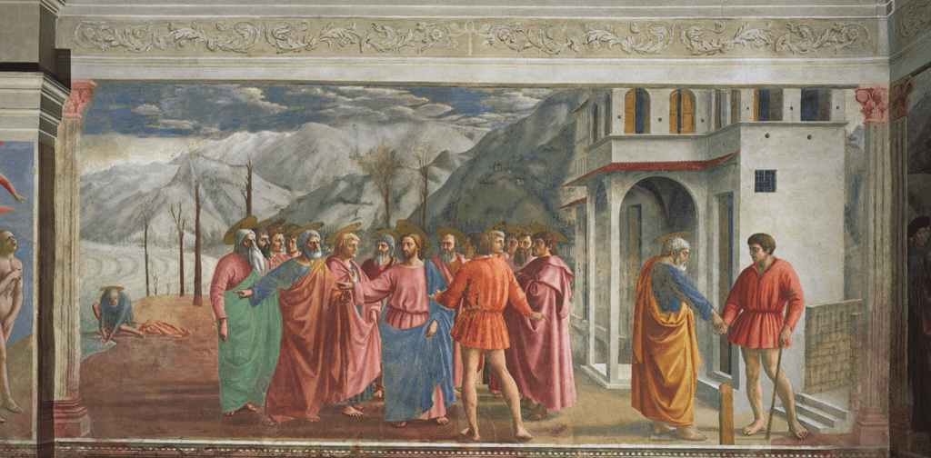 Masaccio, Tribute Money, c. 1425, fresco, Brancacci Chapel, Santa Maria del Carmine, Florence, Italy